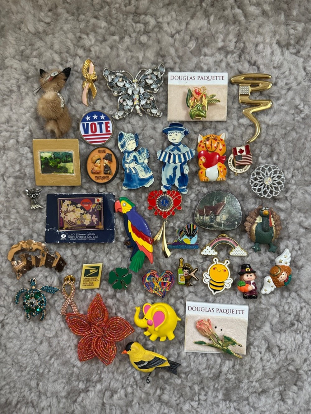 Eclectic Lot of Vintage Enamel, Wood, and Glass Brooches